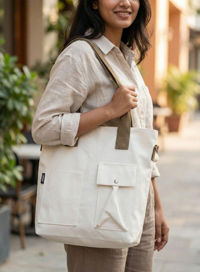 BROGBUS Canvas Tote Bag for Women Office Use, College Girls with Compartment, Cream - Image 3